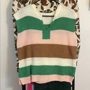 Cozy Striped V-Neck Sweater in Green, Pink, and Brown